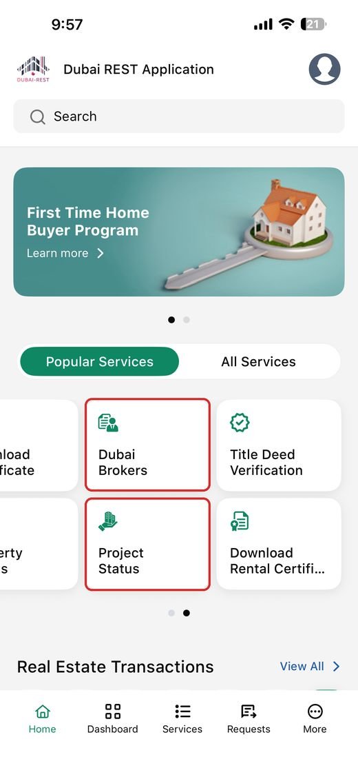 Pantalla de inicio de la aplicación Dubai REST