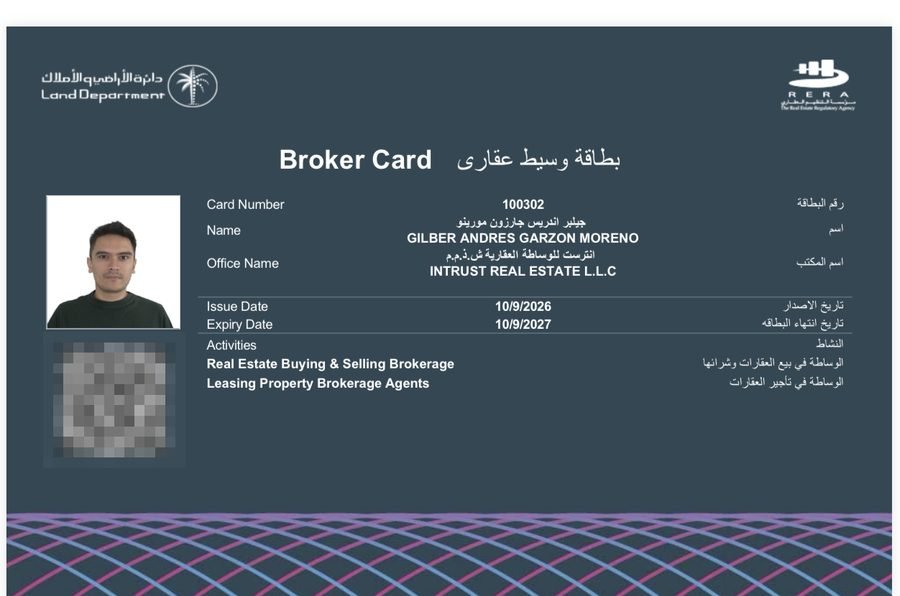 Tarjeta de asesor inmobiliario RERA de Gilber Garzón